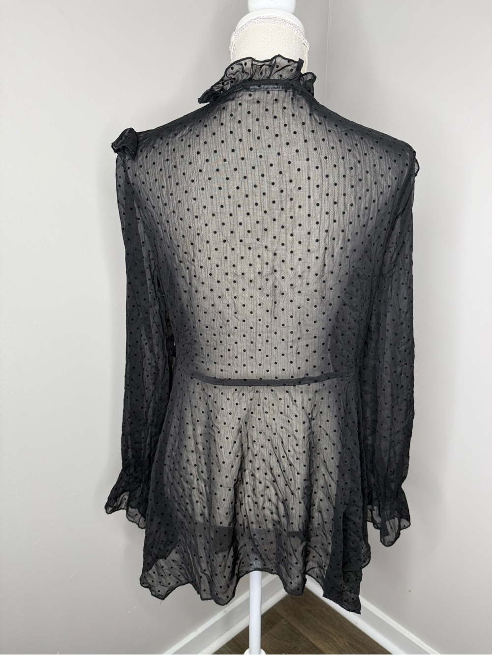 Zara Black Sheer Polka-Dot Ruffle Blouse - Picture 5 of 7
